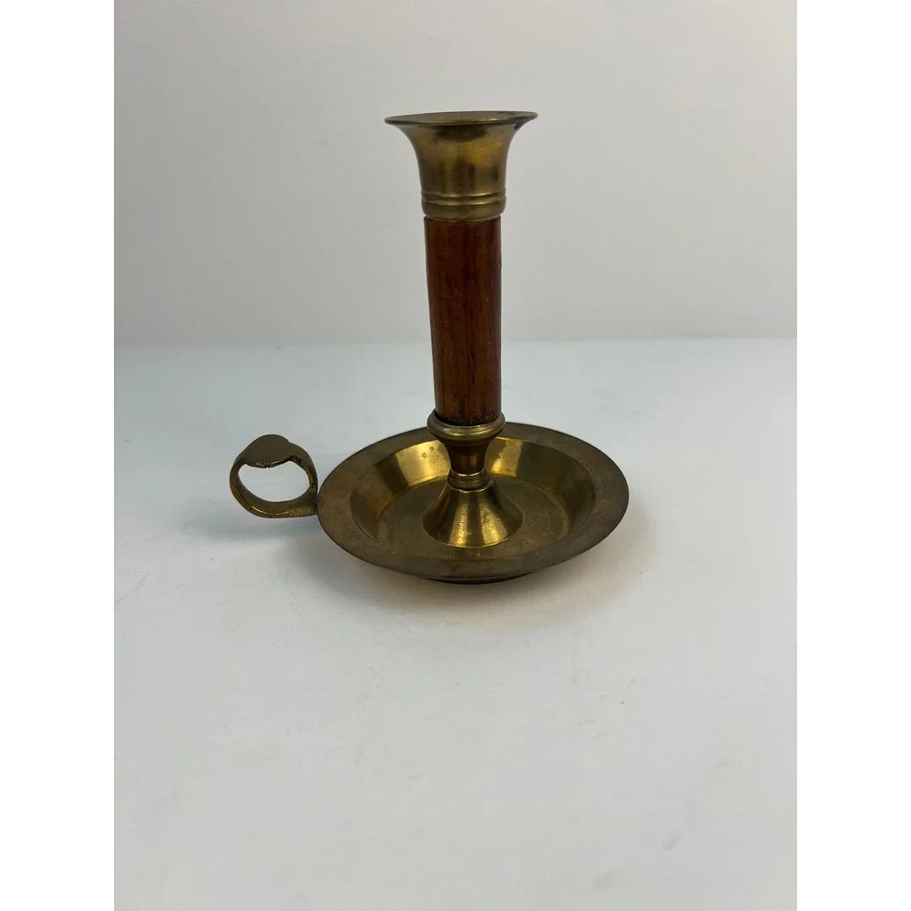 Vintage Brass Wood Candlestick Holders Finger Ring 4.25